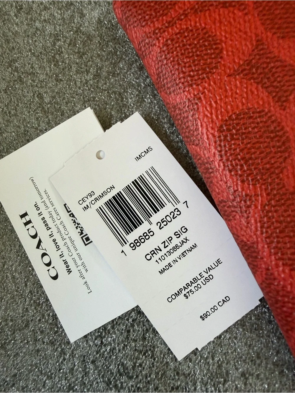 Coach Red Signature Zip Card Case with Gold Logo